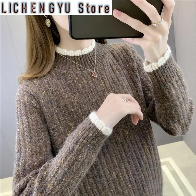 Women's Clothing Long Sleeve Half High Collar Screw Thread Contrast Color Pullover Sweater Knitted Elegant Autumn Winter Tops