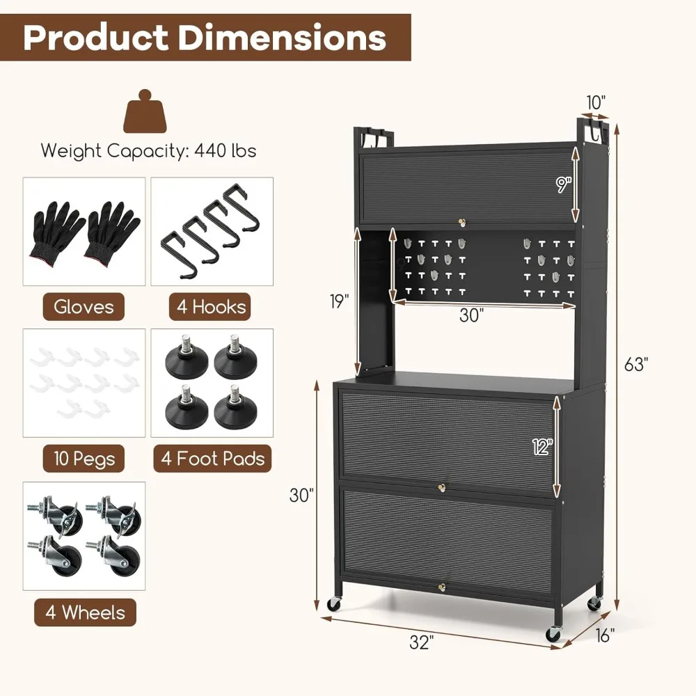 5-Tier Rolling Kitchen Baker's Rack with Wheels, Microwave Stand, Flip Door Cabinets, Pegboard Hooks, Adjustable Storage Solutio