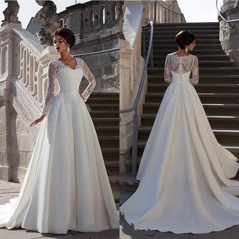 Vintage satijn bruidsjurken lange mouwen v-hals 2020 nieuwe laço topo bruidsjurk robe de mariage mais tamanho vestido de novia