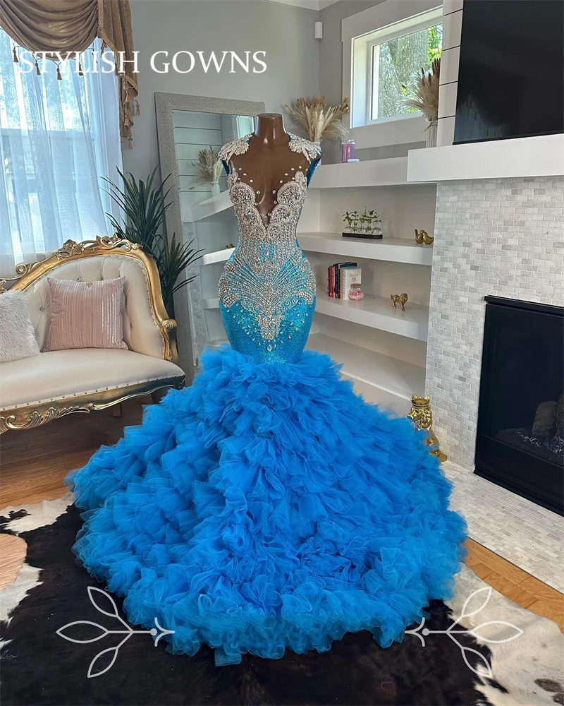 Vestido de graduación largo con cuello redondo para niñas negras, vestidos de fiesta de cumpleaños con cuentas de cristal y diamantes de imitación, vestidos de noche con volantes, azul transparente, 2024