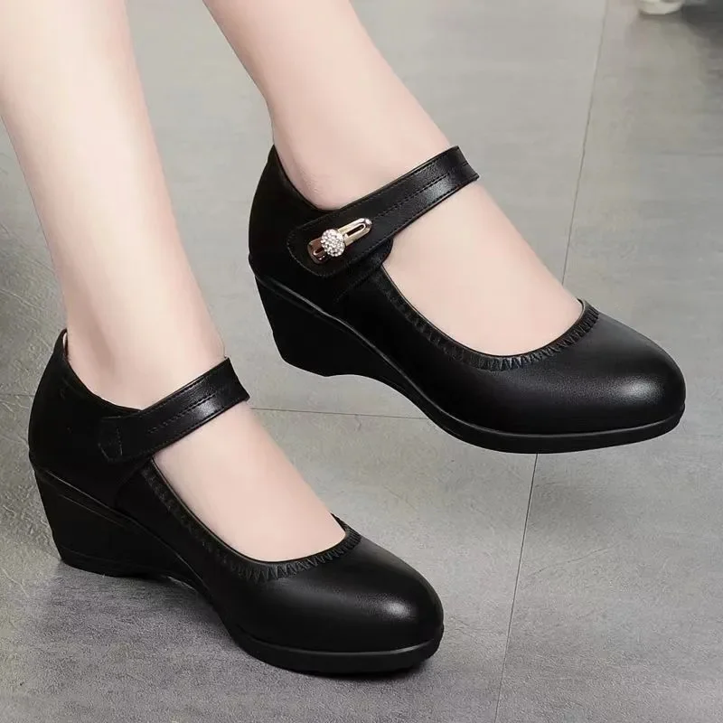 Cresfimix Women Cute Round Toe Black Patent Leather Height Increased Heel Shoes Lady Casual Street Spring Autumn Heel Shoes A818