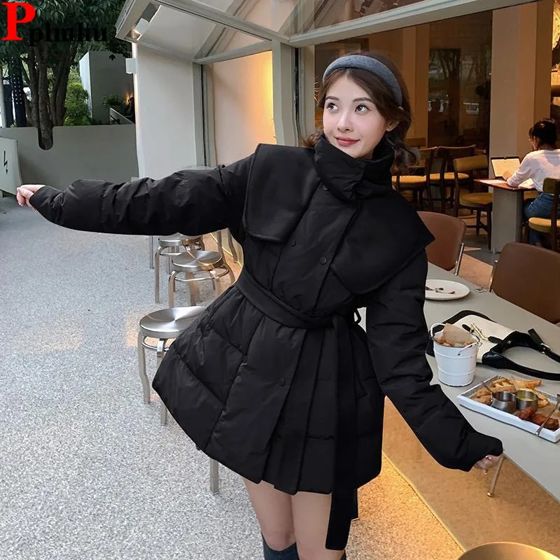 With Belt Mid-length Down Cotton Coats Tops Winter Snow Wear Warm Jaqueta Causal Elegant Chaqueta Korea New Women Vestes Casaco