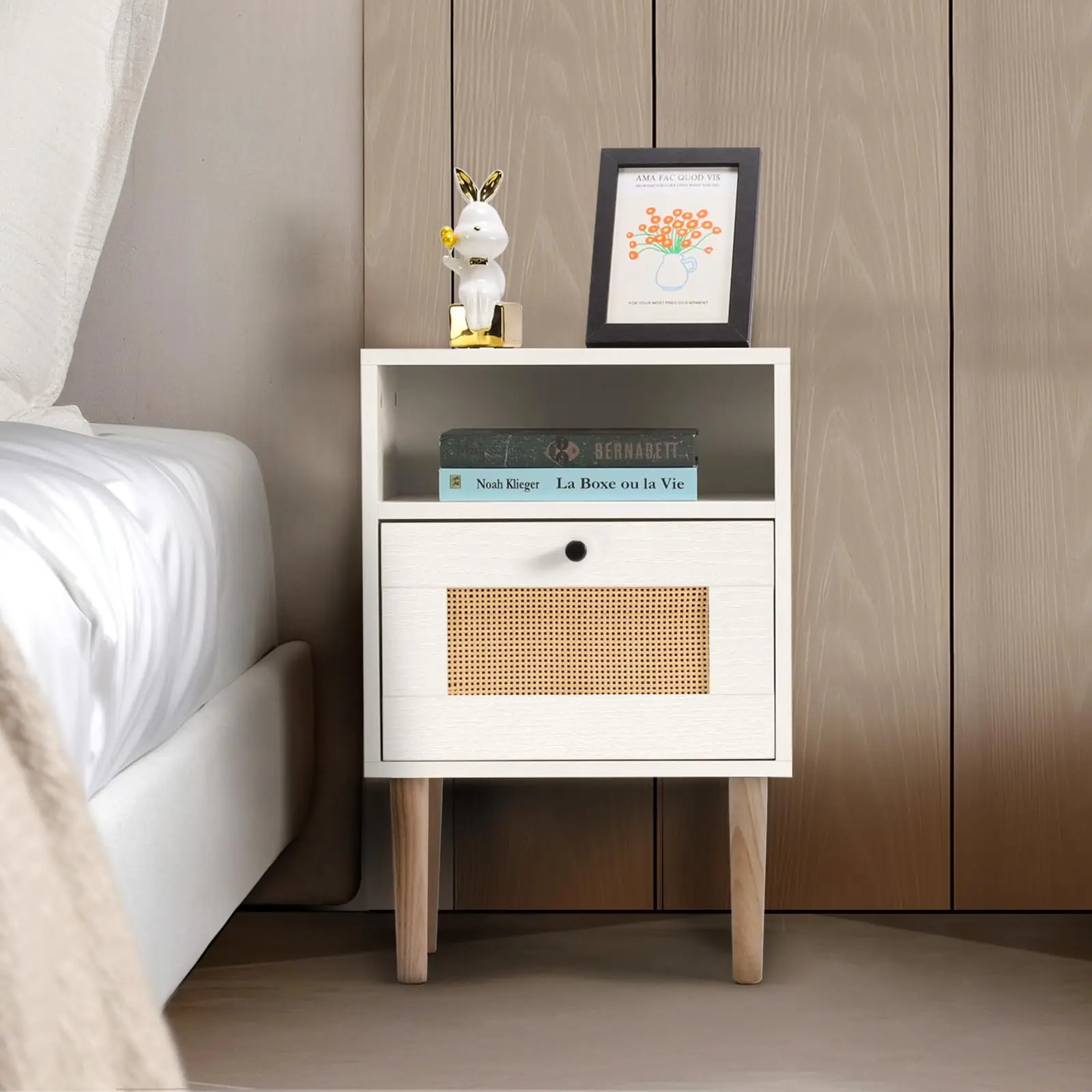 Modern Bedside Table with Rattan Drawer, Bed Side Table with Storage Shelf & Solid Wood Feet, End Table