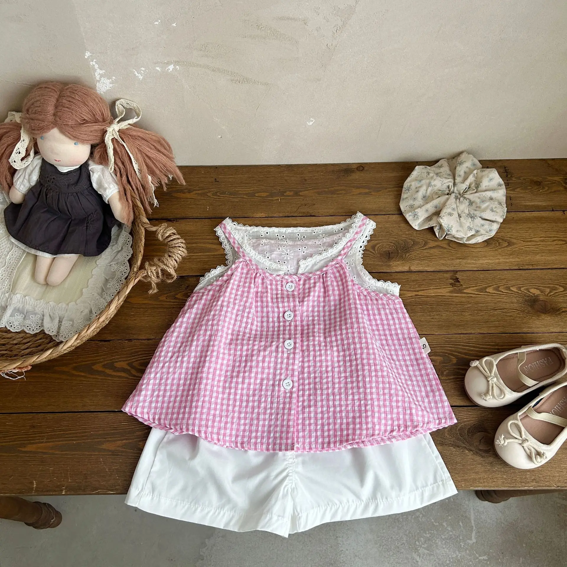 New Summer Clothes Outfit Kids Girls Fashion Plaid Lace Sleeveless Tops+ Solid Shorts Children's Sets Baby Boutique Clothing
