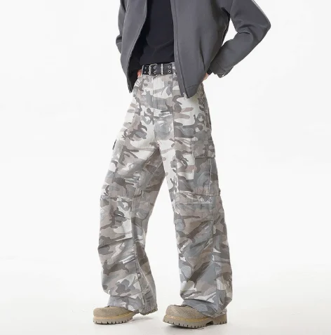 PopSummer American Camouflage Workwear Pants Loose Wide Leg Casual Trousers For Men And Women High Street Vintage Multi-Pocket