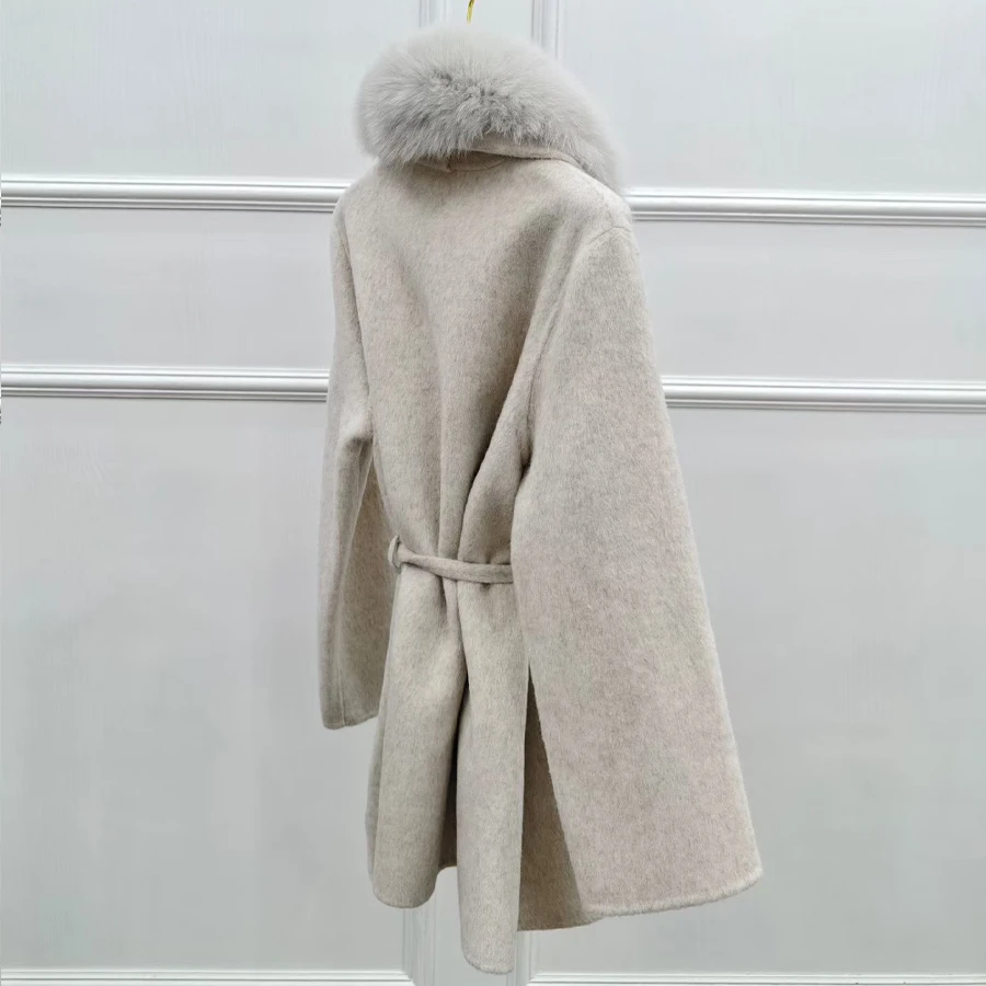 Nuovo cappotto in cashmere da donna misto lana vera pelliccia di volpe finiture giacche in pelliccia naturale abiti di lusso giacca in lana di cashmere