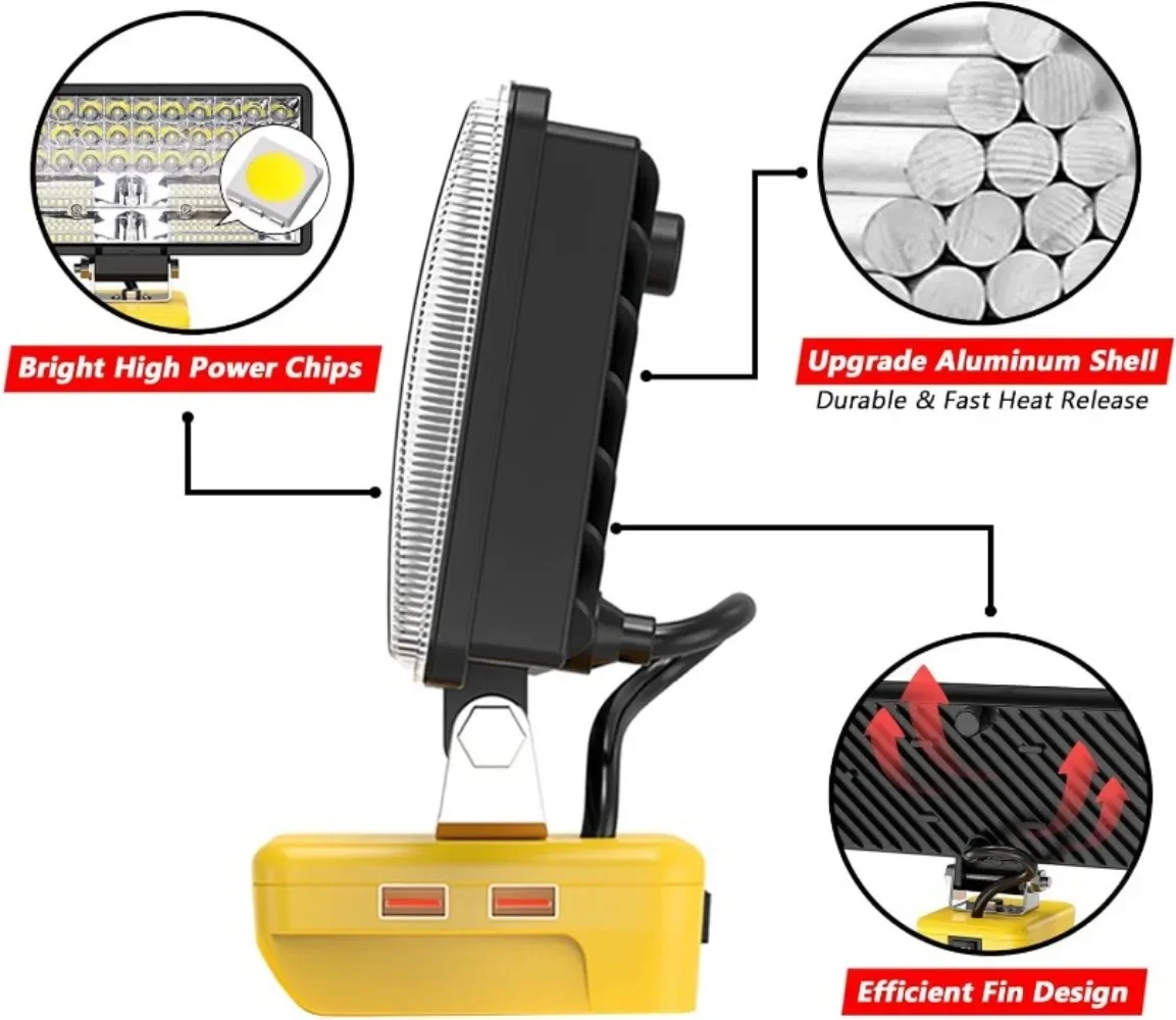 Lampe de travail LED sans fil, 6000 LM, 38W, compatible avec DeWalt, batterie 20V, 2,1 A, lampe de poche portable USB, budgétaire LED avec 2 modes