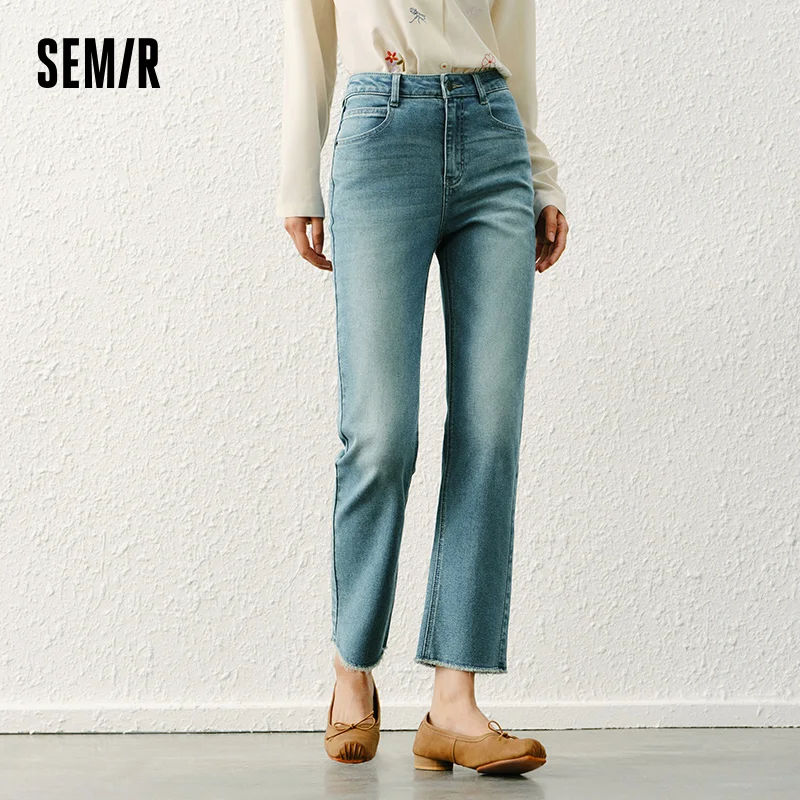 Semir Jeans Women Straight Tube Trousers 2025 New Spring Fringed Cropped Trousers Street Style