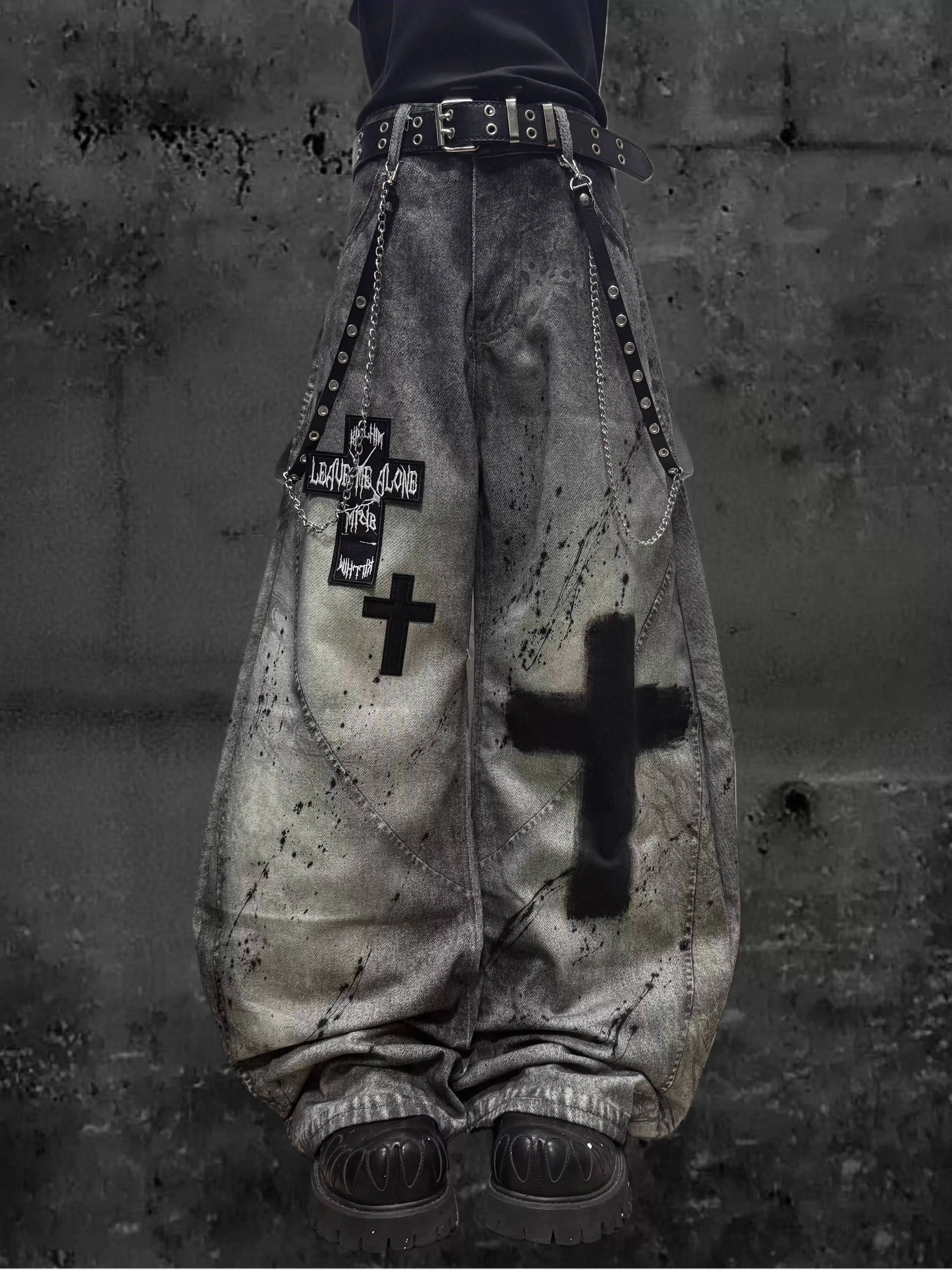 

Готические джинсы унисекс, весна 2026, широкие джинсовые брюки, винтажные потертые брюки Wasteland в стиле панк с перекрестным принтом, чернила Y2K, свободные повседневные брюки