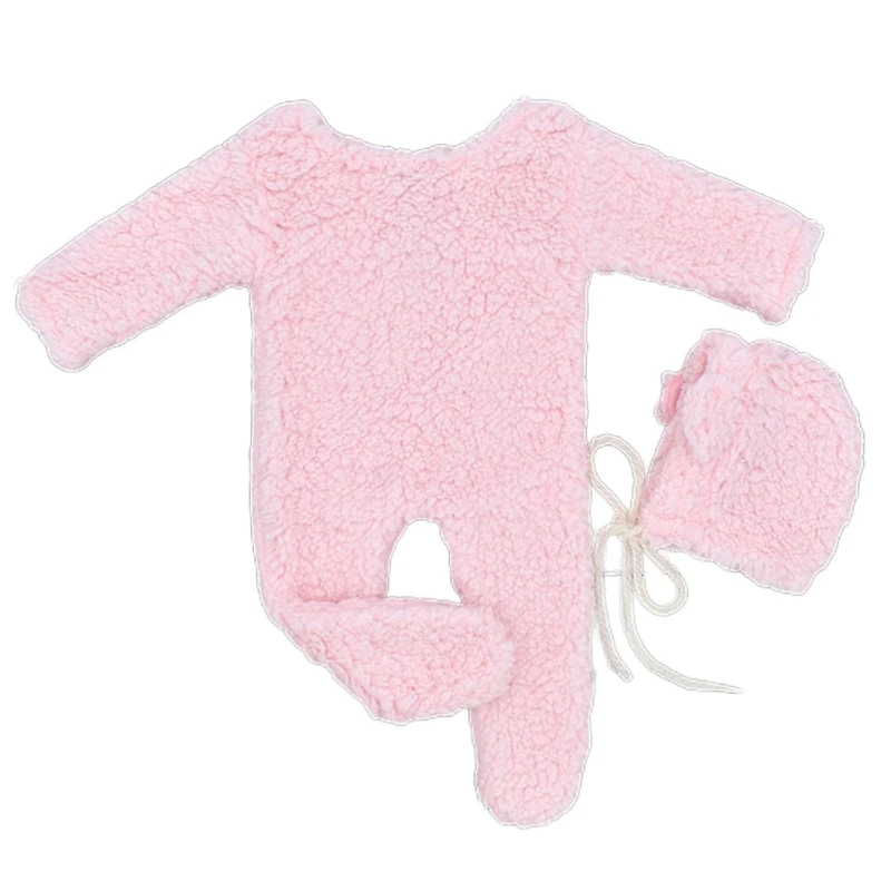 Infant Photography Props Berber Fleece Beanie Hat Jumpsuit Photostudio Posing Wear Baby Romper Newborn Shower Gift 2PCS