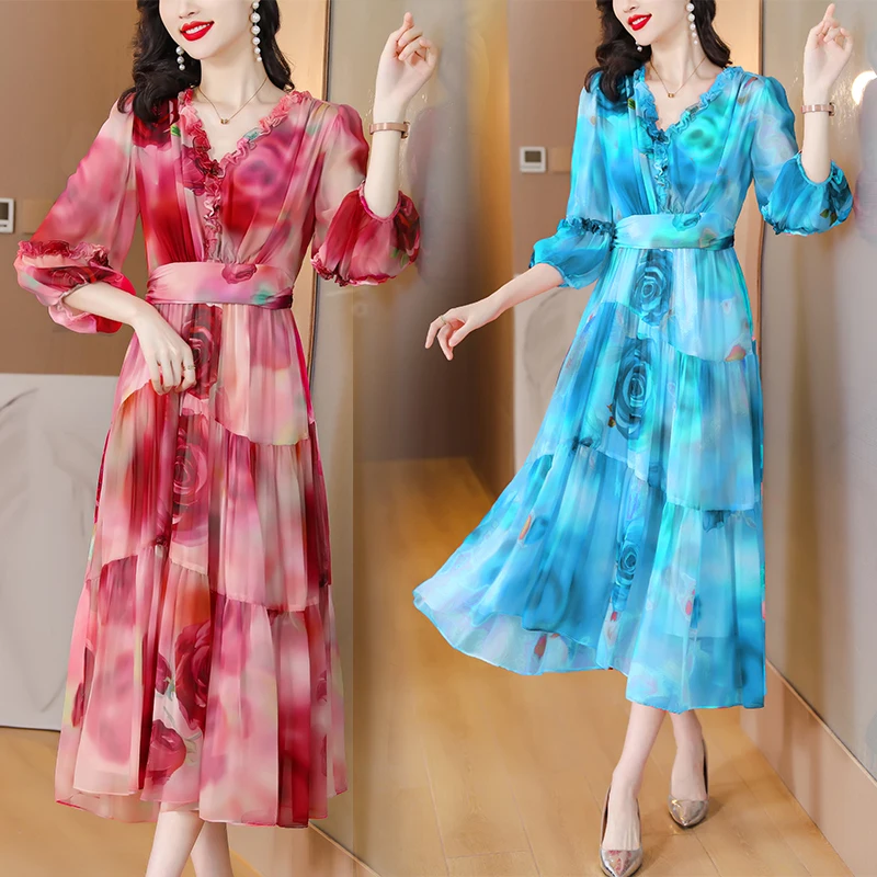 Damen Vintage Elegantes Abendkleid Frühling Urlaub Boho Hepburn Vessios Sommer Luxus Seide Blumen Lässig Midi XQ324