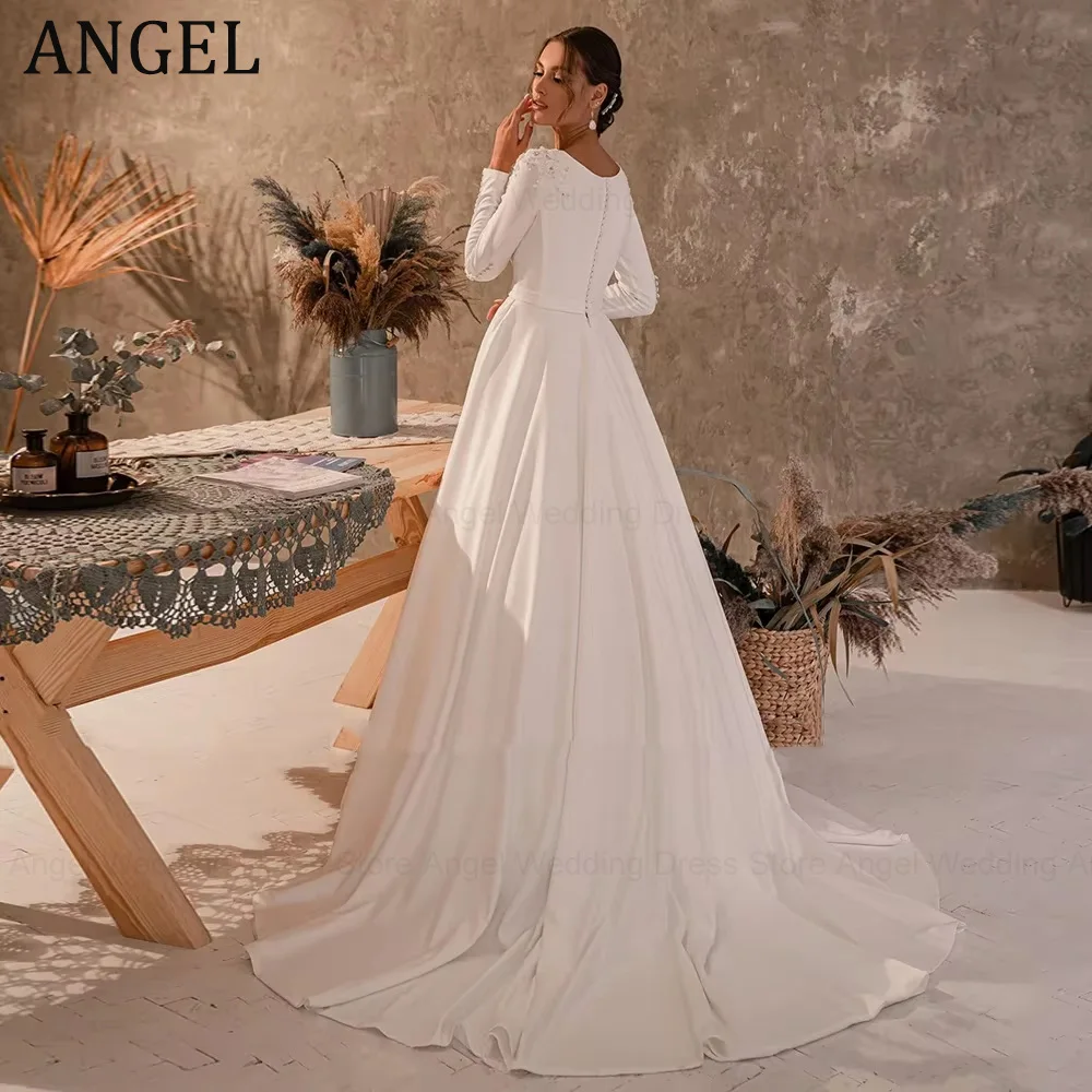 فستان زفاف إسلامي مخصص من ANGEL 2026 برقبة دائرية فستان زفاف متواضع مطرز باللؤلؤ وزر على شكل حرف A سويب تراين فيستدوس دي نوفيا #2