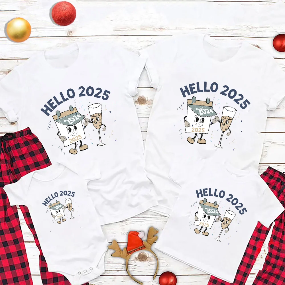 Hello 2025 Goodbye 2024 Print Family Matching Outfits Mummy Daddy Daughter Son Shirt Family Clothes New Year Party Family Outfit