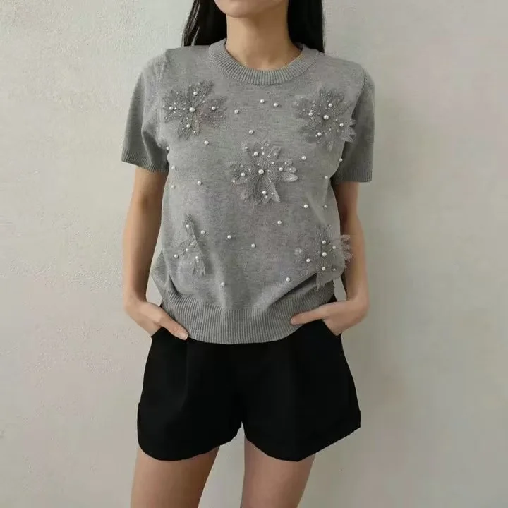 Flor estéreo camisola de malha camisetas femininas 2025 verão manga curta o-pescoço camisetas topos moda casual elegante senhoras malhas