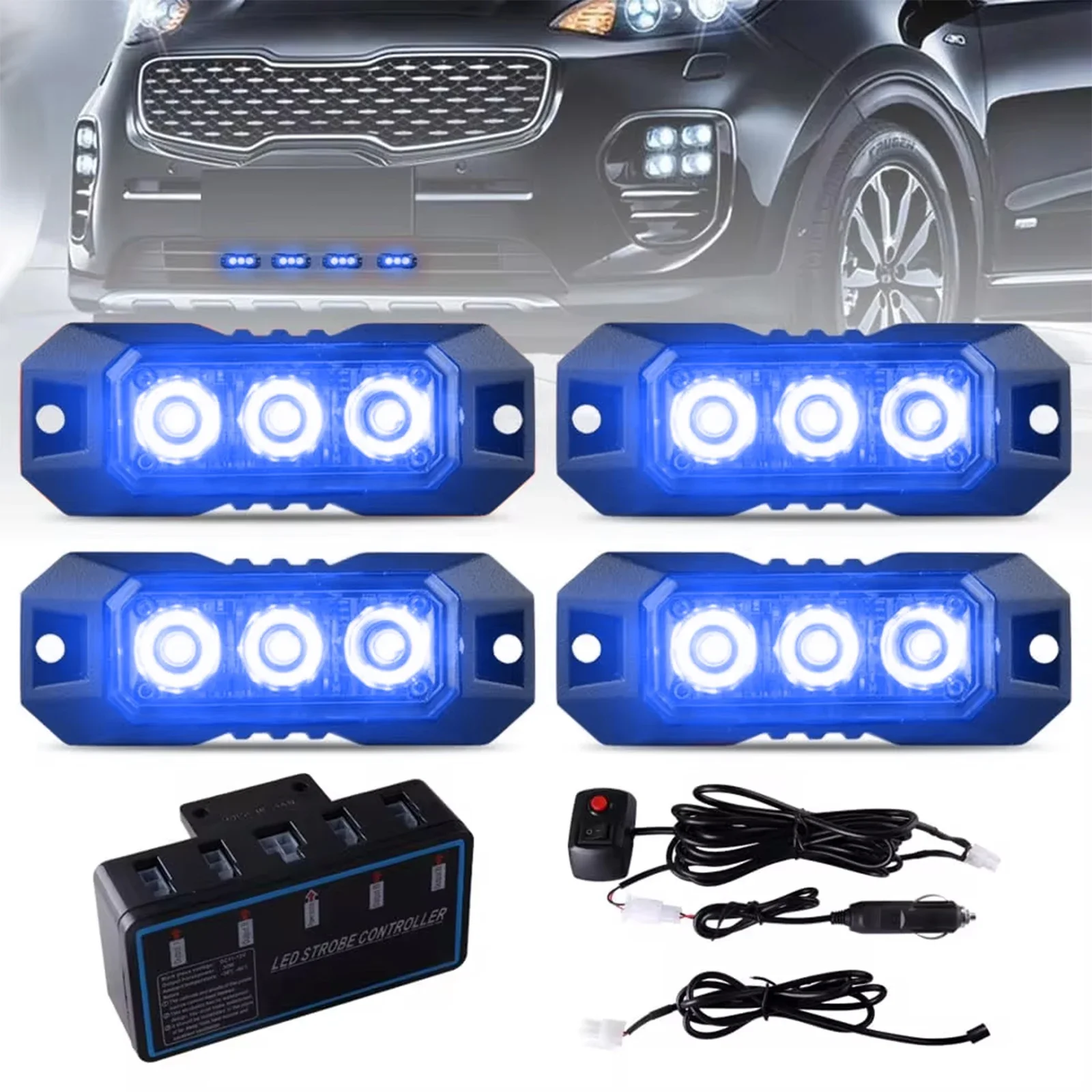 

1set 4pcs 3Led with host Strobe Warning Light Strobe Grille Flashing Lightbar Truck Car Beacon Lamp Traffic Light, Car Light