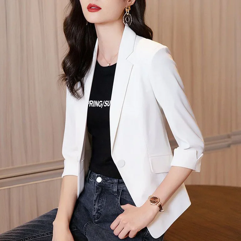 Blazer Korea wanita, atasan kasual Semua cocok gaya Korea, Blazer warna polos dengan kancing Lapel, baru musim gugur 2024