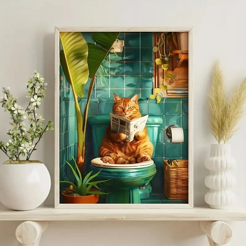 1pc frameless Canvas Painting Abstract Interesting Orange Cat Reading Newspaper The Toilet Canvas Poster Modern Picture Wall Dec
