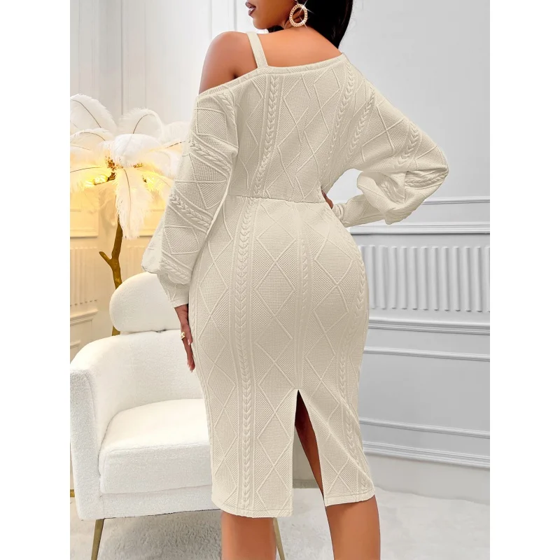 SHAN-Winter Hot Sale One Shoulder Lantern Sleeve Solid Color Waist Tight Package Hip Dress Independent Stand Sexy Style Women's