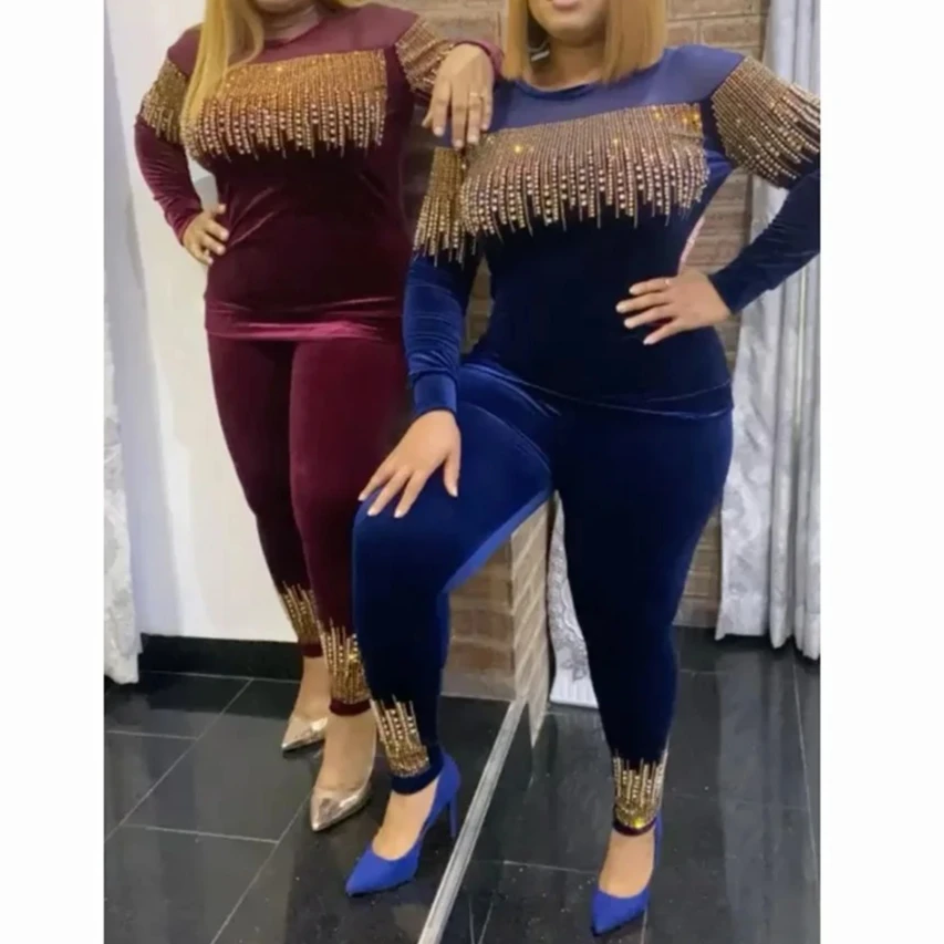 

Pant Set Women Two Piece Sets Matching Sets Y2k Streetwear Sexy Tops Beading Slim Long Pants High Waist Jogger Tracksuit 2025