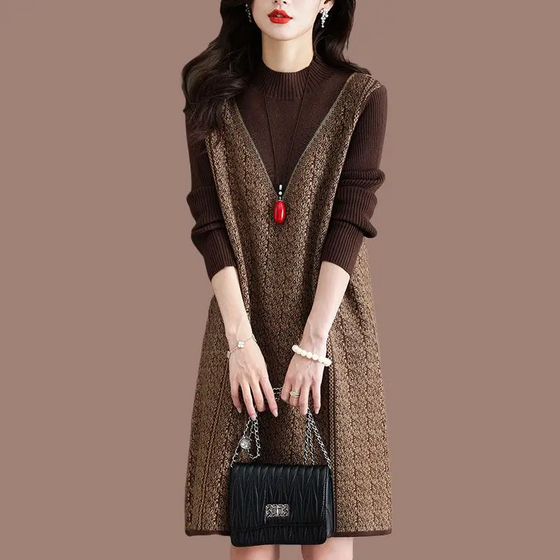 Women False 2 Pieces Oversize Knit Dress Fashion Half High Collar Warm Loose Female Knee-length Bottom Long Sweater Dresses