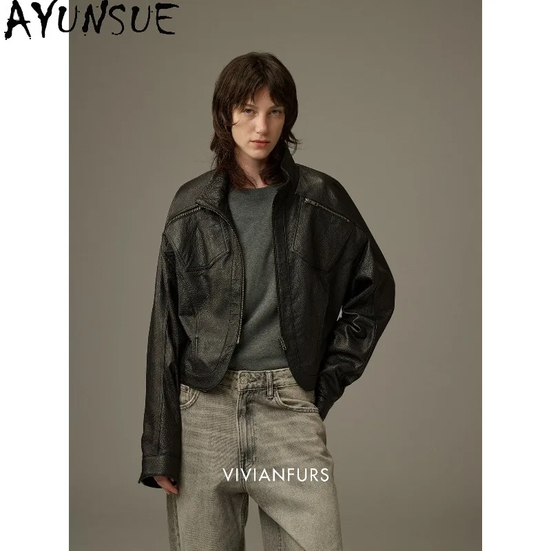 AYUNSUE Sheepskin Real Leather Jacket Woman Casual Short Outerwears Fashion Motorcycle Black Jakcets Woman Clothes Ropa Mujer