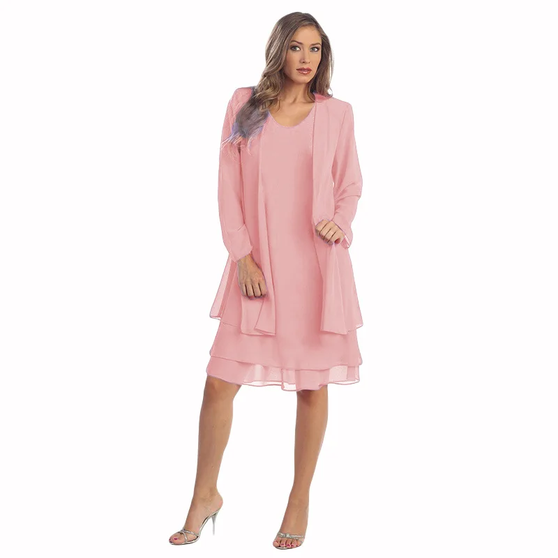 2-delige chiffon jurk set vrouwen casual lange mouw effen vest jurk elegante bruiloft avond feestjurken kleding vestidos