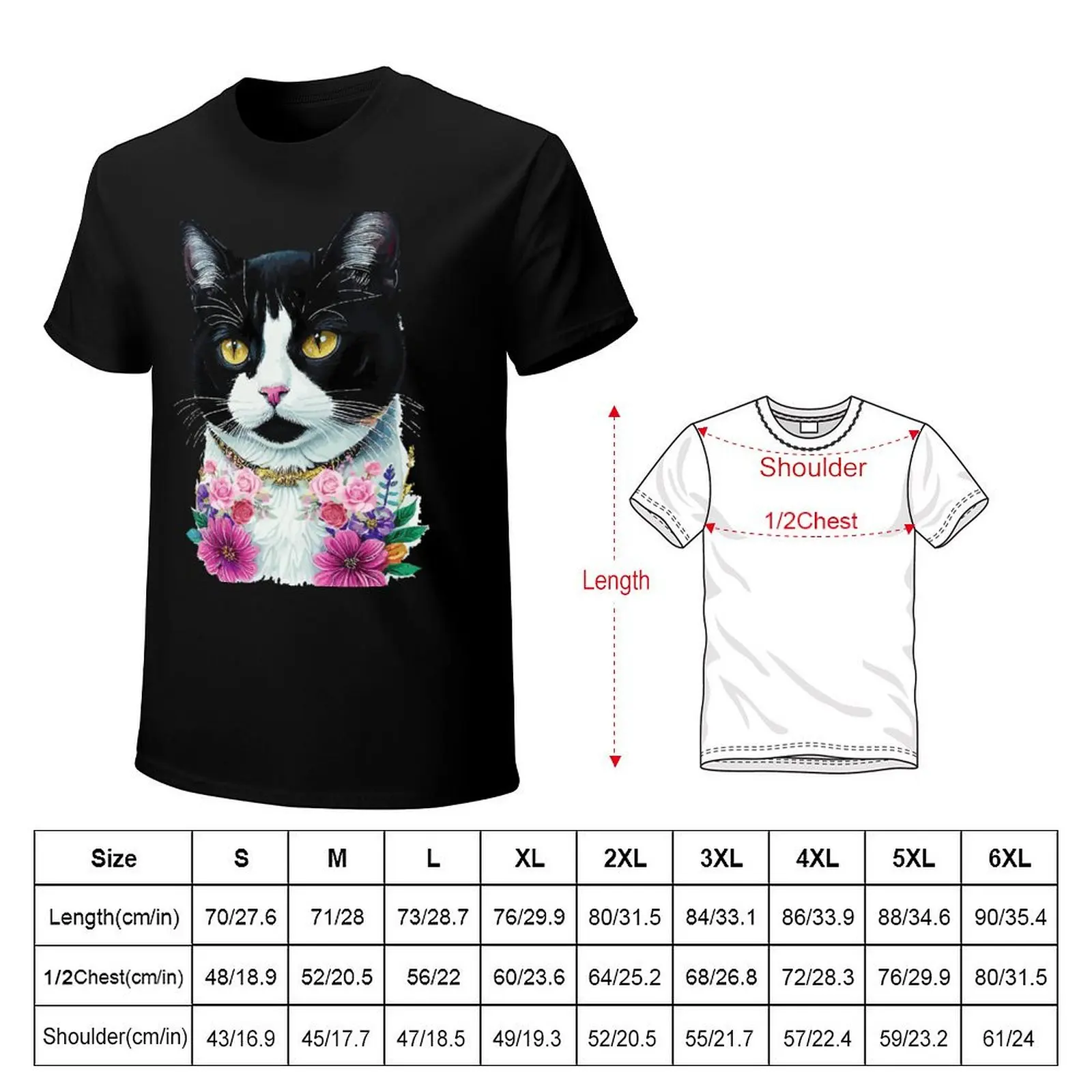 Adorable tuxedo cat portrait surrounded in gorgeous pink bloom T-Shirt Casual Loose Fit Summer Tee Shirt
