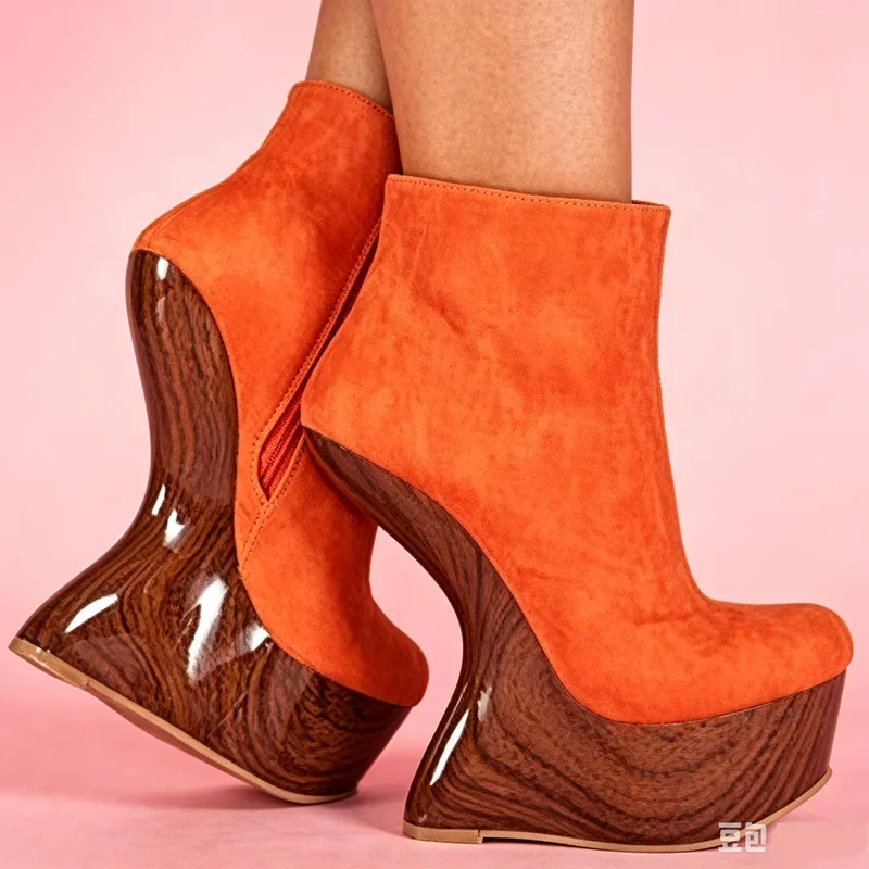 Wood Grain Fretwork Heels Suede Ankle Boots Sexy Pointed Toe Zipper Platfrom Customized New Arrival Autumm/Winter Modern Boots