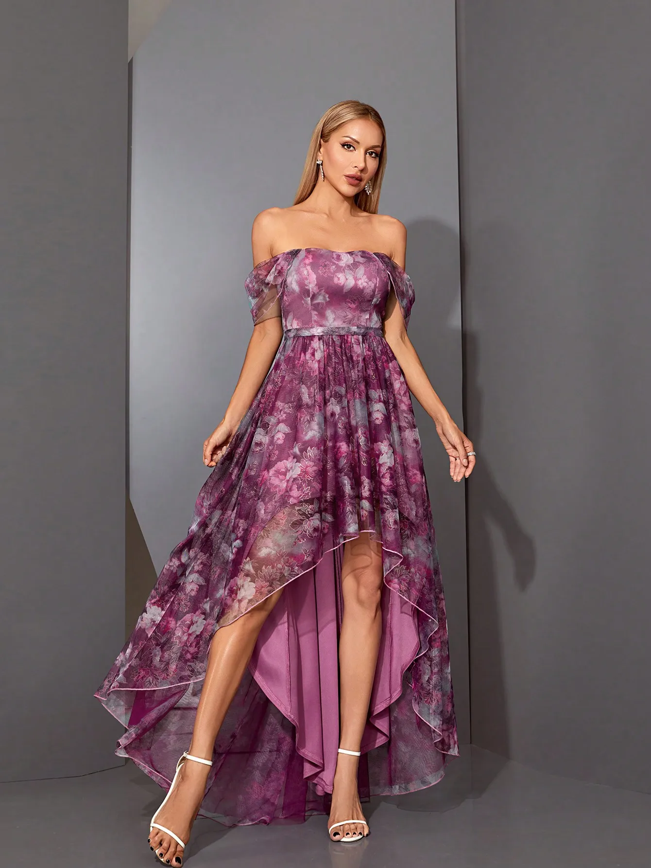 Mgiacy Jupe longue plissée imprimée à col unique devant court dos en maille avec grande balançoire