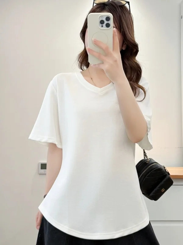 Summer Loose Fit V-Neck Short Sleeve T-Shirt Women's plus Size Casual Comfortable High Waist Design Versatile Meat Concealing...