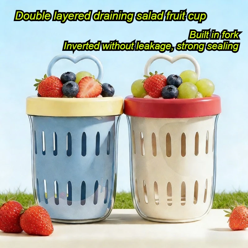 

Drinkable Fruit Salad Cup with Fork, Portable Sealed Leak Proof Kitchen Picnic Box, Double-layer Fruit Cup, Draining Snack Cup