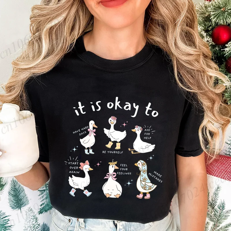 Motivational Goose Print T-shirt It Is Okay To, Mental Health Fashion Creative Design T Shirt Casual Short Sleeve Tee Tops Gifts