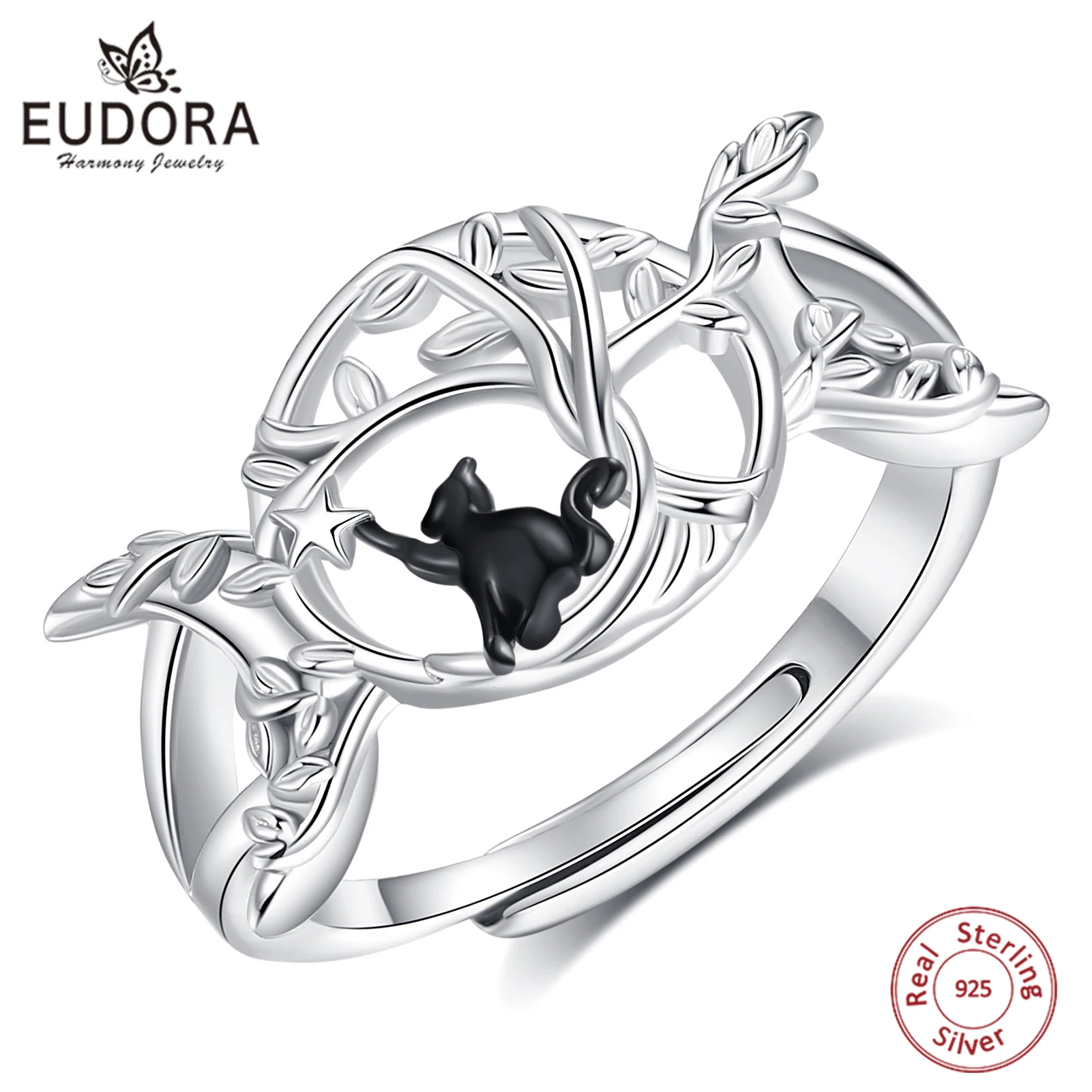 Eudora 925 Sterling Silver Witch Black Cat Adjustable Ring Tree of Life Triple Moon Star Ring Wicca Pagan Jewelry Gift for Women