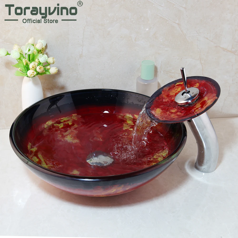 Torayvino Tempered Glass Sink Painting Round Bowl Basin Sink With Waterfall Faucet Bathroom Washbasin Sink Vanity Faucet Set