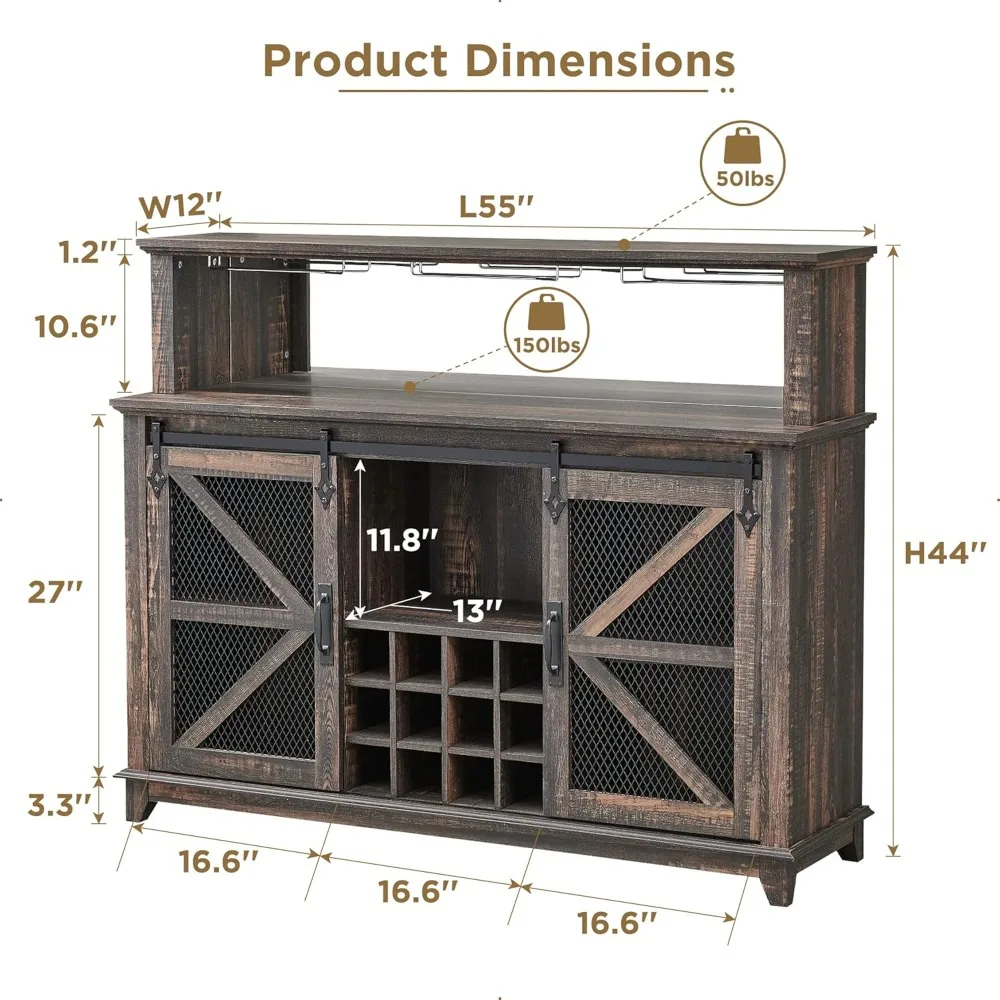 Farmhouse Coffee Bar Cabinet with LED Lights, 55" Wine Bar Cabinet w/Sliding Barn Door & Wine and Glass Rack