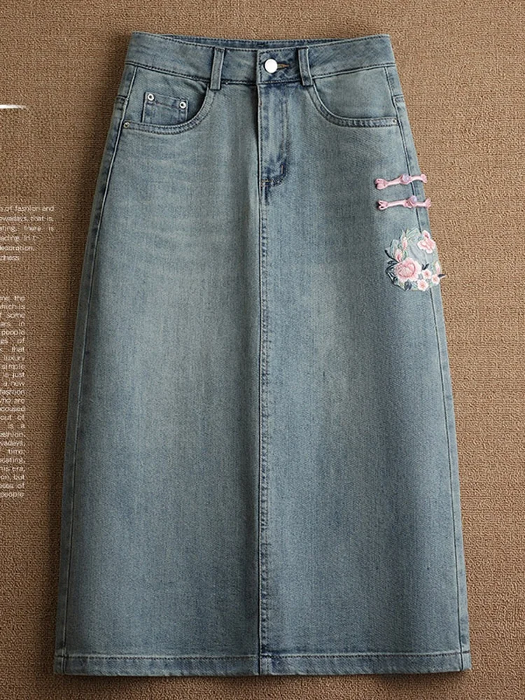 

Джинсовая юбка с высокой талией и вышивкой, женская модная юбка-миди для похудения, весна-лето 2024, новая модная смесь хлопка и полиэстера