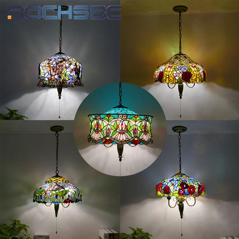 BOCHSBC Tiffany style Stained glass 16inch American rose Dragonfly Lotus Pendant lamp Retro dining room bedroom hallway LED deco