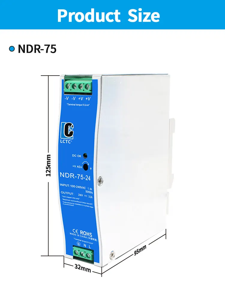 LCTC-Schaltnetzteil NDR-75W 120W 240W 480W Industrielles DIN-Schiene 12V 24V 48V AC/DC-Leistungstransformator mit Einzelausgang – Detail 5