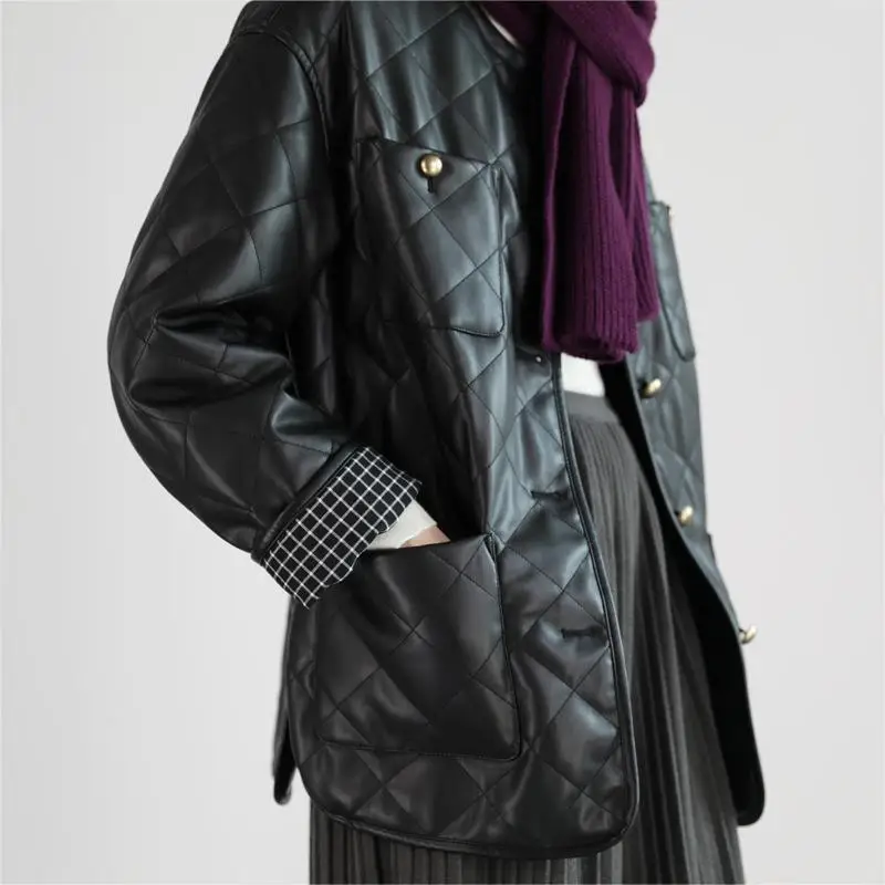 Real Leather Jacket Women Autumn Winter White Goose Down Sheepskin Coat O-Neck Rhombus Lattice Loose Coats Doudoune Femme Parkas