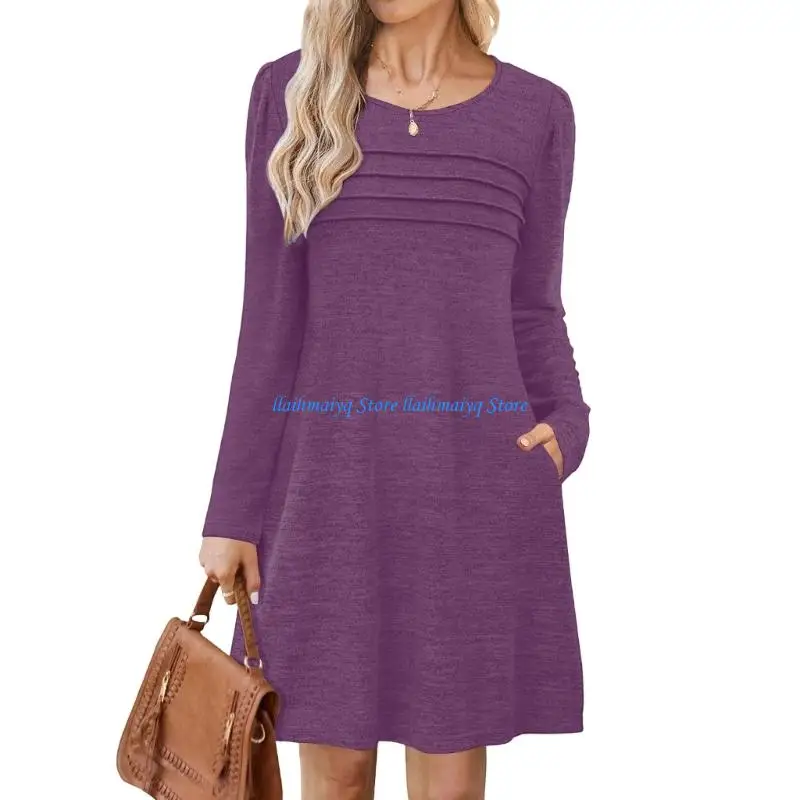 

573B Elegant Ruffle Detail Women's Sweater Dress Long Sleeve Round Neck Comfortable Dresses Easy Care Polyester Fabric