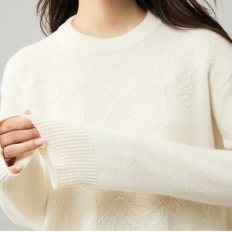 버드트리, 100% 양모 자카드 니트 스웨터, 여성용 O넥 긴팔 루즈 니트웨어, 2025 가을 화이트 풀오버 T59012JF