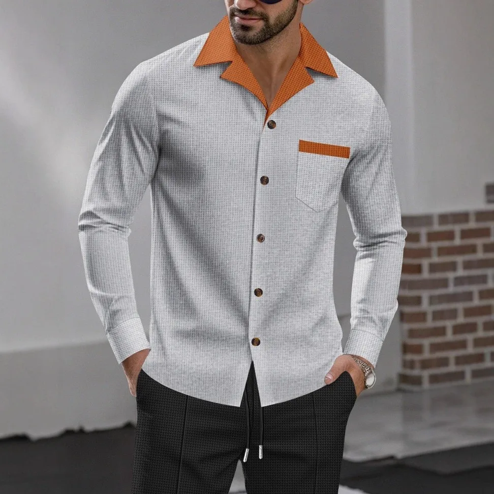 Spring Autumn Men's Casual Retro Street Long-Sleeved Shirt - Color-matched Collar and Pockets, Fashionable Loose Top