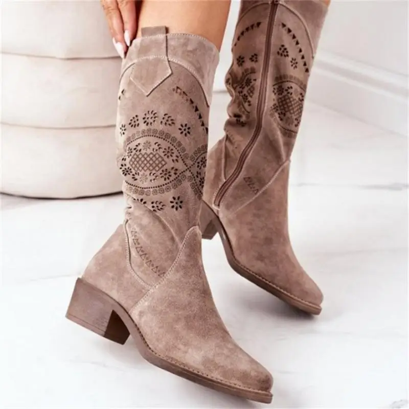 2022 Suede Women Boots Vintage Flower Hollow Zipper Female Shoes Low Heel Pointed Toe Lady Mid-Calf Booties Autumn Winter Botas