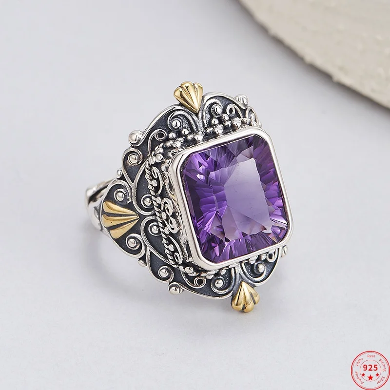 

S925 Sterling Silver Wide Rings for Women Men Retro Pattern Inlaid Tangent Plane Natural Amethyst Fashion Jewelry Wholesale