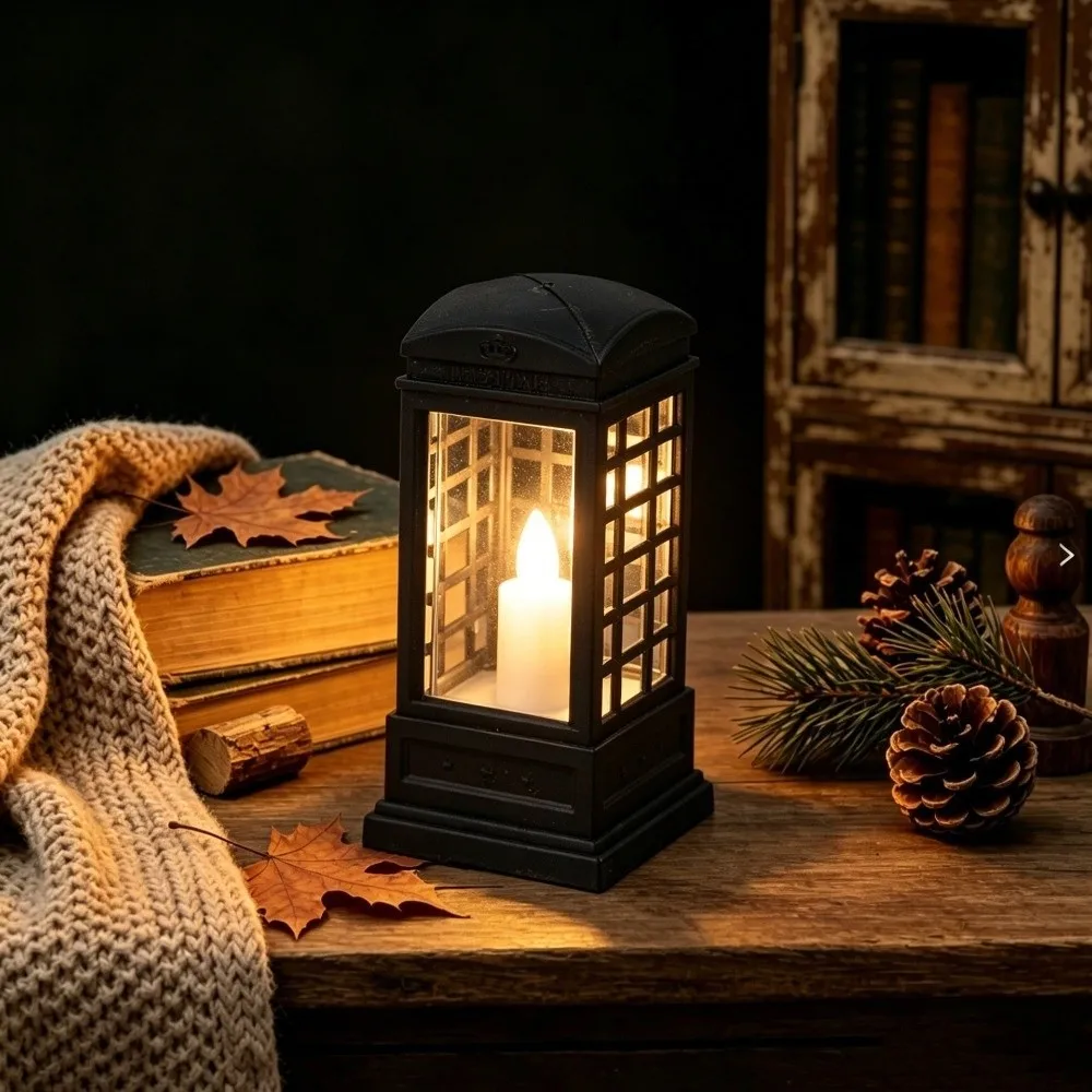 Retro LED Candle Light Flameless Creative Phone Booth Night Light Smokeless Battery-Operated Mini Christmas Ornaments