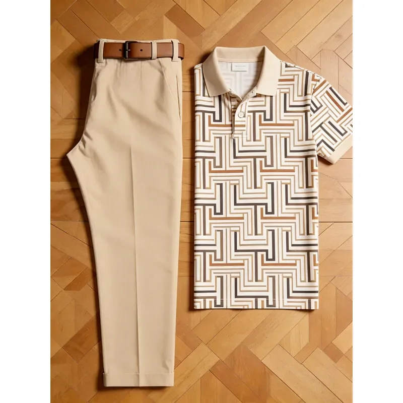 1 top (without pants) 2026 New Men's Casual Sports Polo Shirt Khaki Labyrinth Striped 3D Printed Short Sleeve Top Retro Style