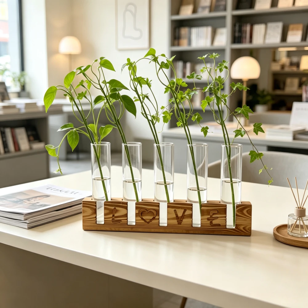 Nordic Glass Hydroponic Test Tube Vase with Wooden LOVE Base Water Nourishing Green Plant Flower Arrangement Contain Home Decor