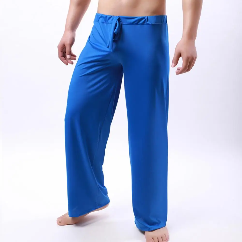 Pantalones de pijama finos de seda de leche para hombre, pantalón informal de cintura baja, pierna recta, pantalones para el hogar, pantalones de Yoga con cordón, pantalones de dormir informales de verano