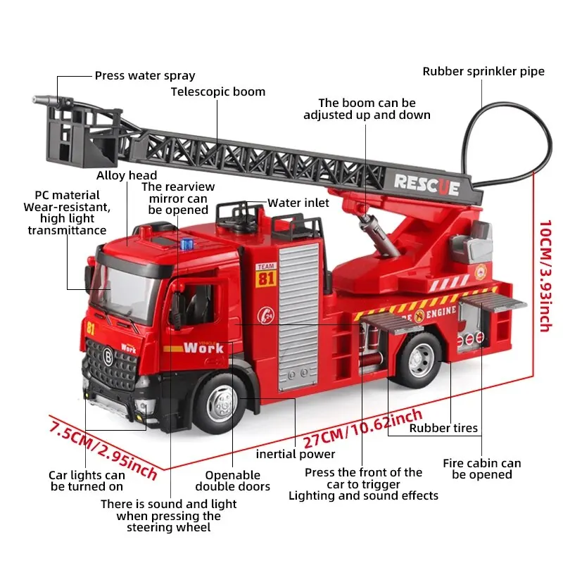 Boy Fire Truck Toy Metal DieCast Fire Truck Model,Water-Spraying Toy Fire Truck with Simulated Sound and Light,Retractable Rescu