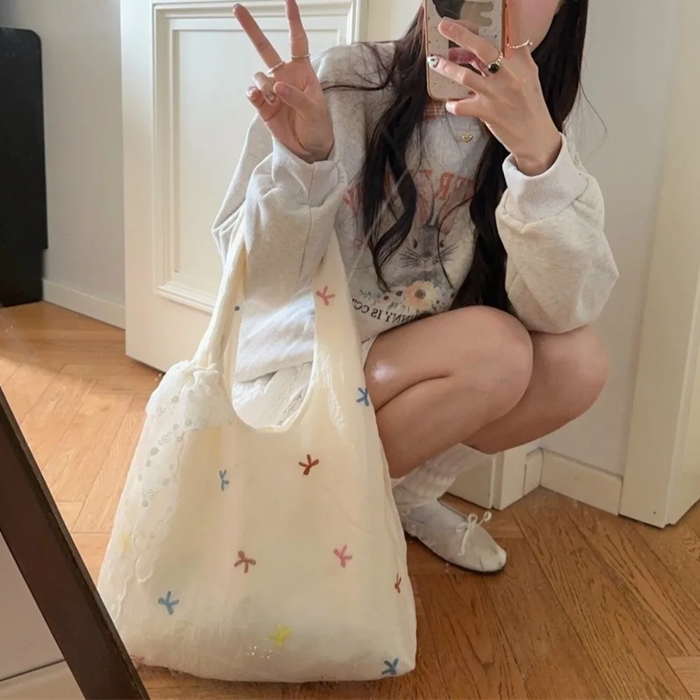 

Sweet Embroidered Bow Tote Bag Chiffon Solid Color Cherry Shoulder Bag Large Capacity Light Weight Canvas Underarm Bag Shopping